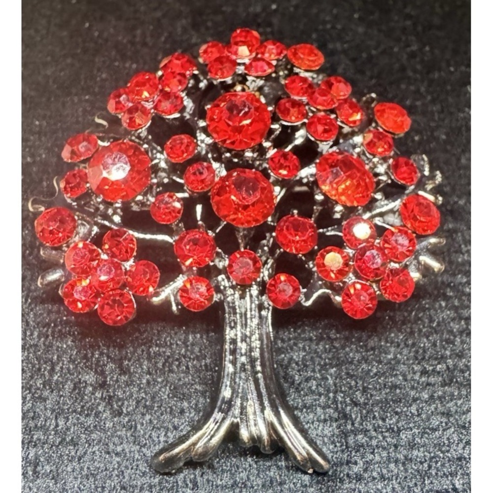 Vintage Red Rhinestone Tree Brooch Silver Tone Figural Statement Pin